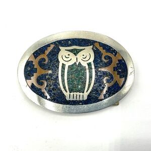 OWL Oval Belt buckle: Mexican Silver, Copper, Lapis & Turquoise 3.25." X 2.5”